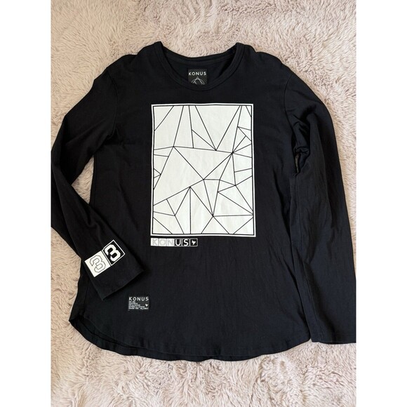 Konus Mens Long Sleeve Pullover Geometric Print Crewneck Black T-shirt Size M - Picture 1 of 8